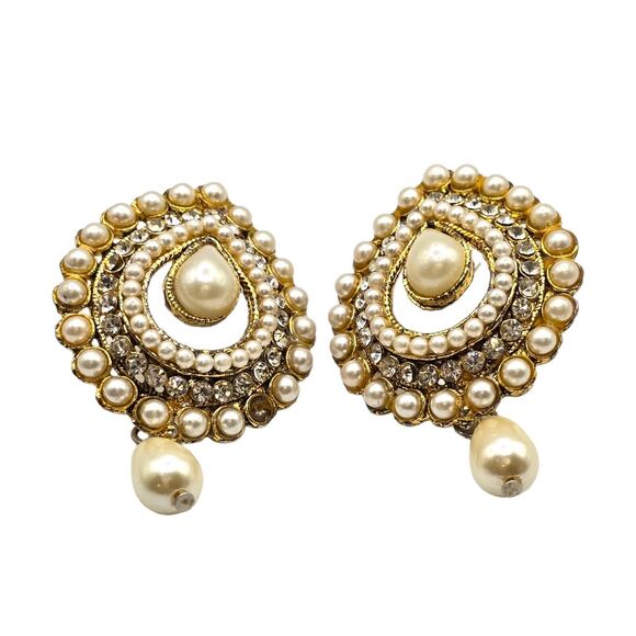 Teardrop Imitation Seed Bead Pearls Pierced Earrings Clear Rhinestones Vintage - Picture 1 of 6